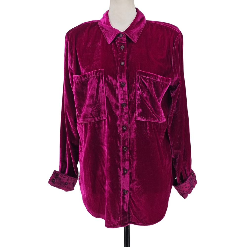 Pilcro Velvet Button Down Shirt M Magenta Pink Bohemian Luxe Whimsigoth Holiday - Picture 2 of 10